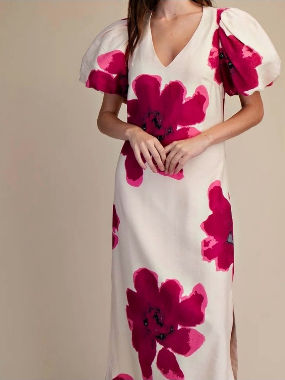 glam Ivory Maxi Dress with Hot Pink Floral Print and Puff Sleeves